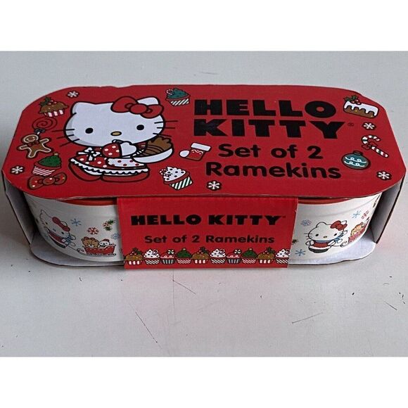 Set Of 2 Hello Kitty Ceramic RAMEKINS Souffle Dish Sleigh Christmas Holiday NEW - Picture 3 of 12